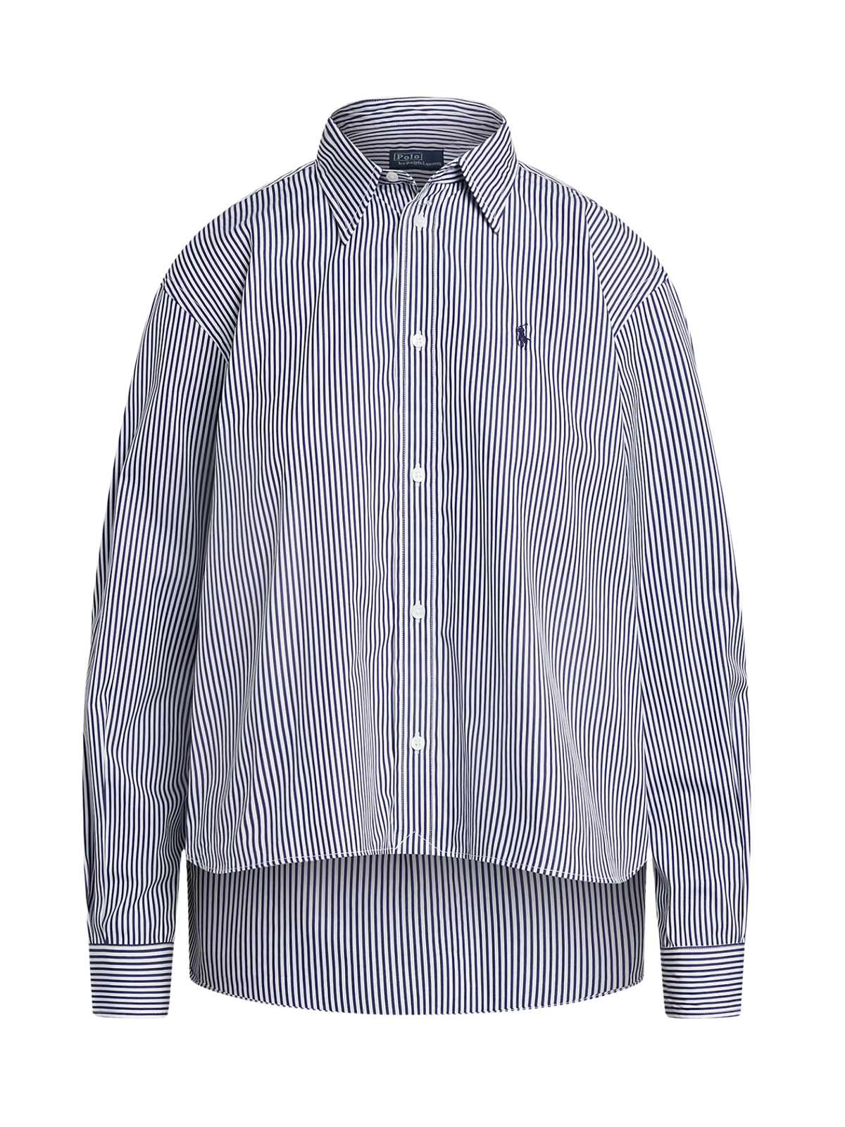 RALPH LAUREN WOMEN Cropped Boxy Striped Cotton Shirt White/Fall Royal