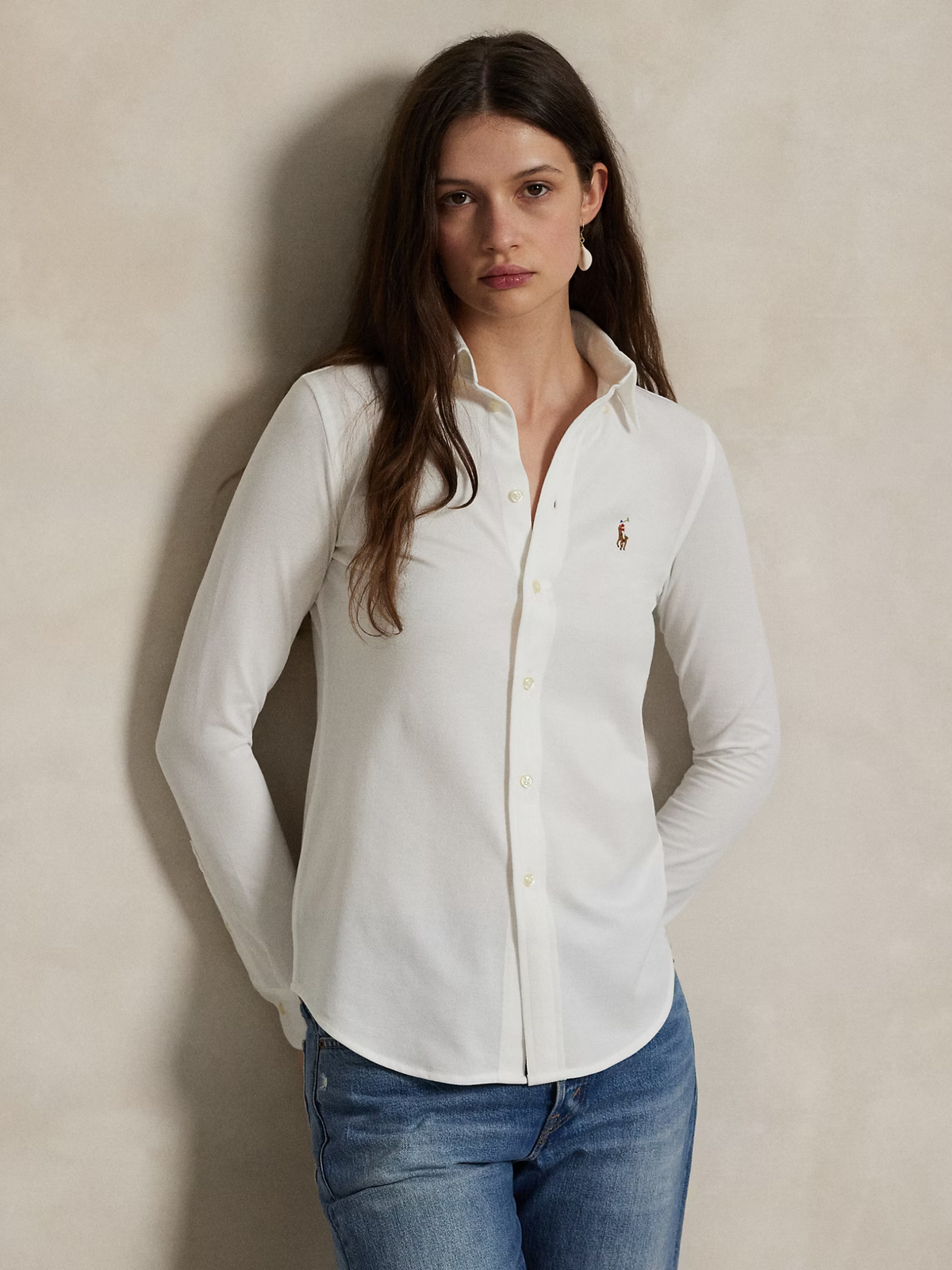 RALPH LAUREN WOMEN Slim Fit Knit Cotton Oxford Shirt White