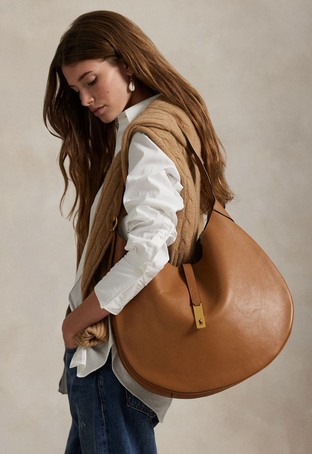 RALPH LAUREN WOMEN Polo ID Calfskin Large Shoulder Bag Tan