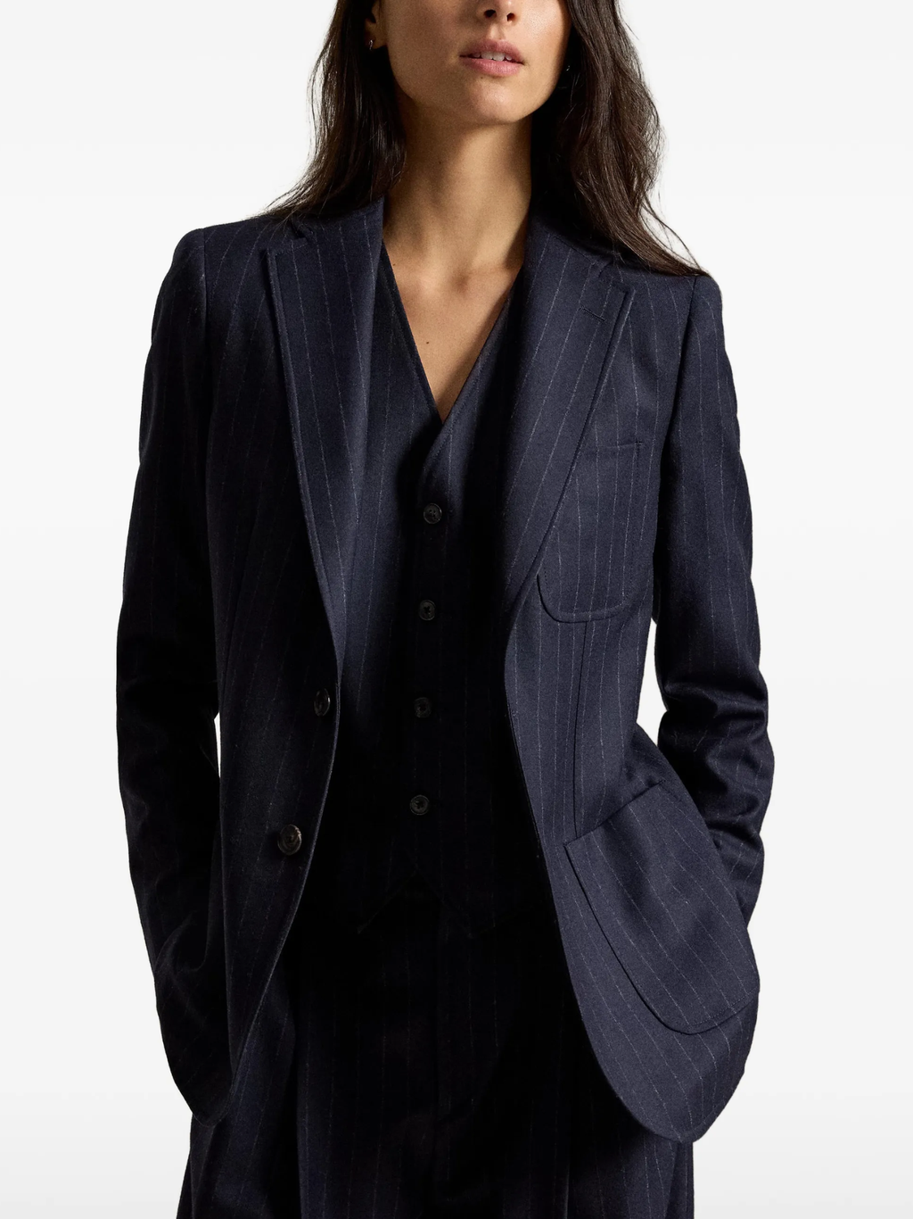 RALPH LAUREN WOMEN Single-breasted Pinstripe Wool Blazer Navy/Chalk Stripe