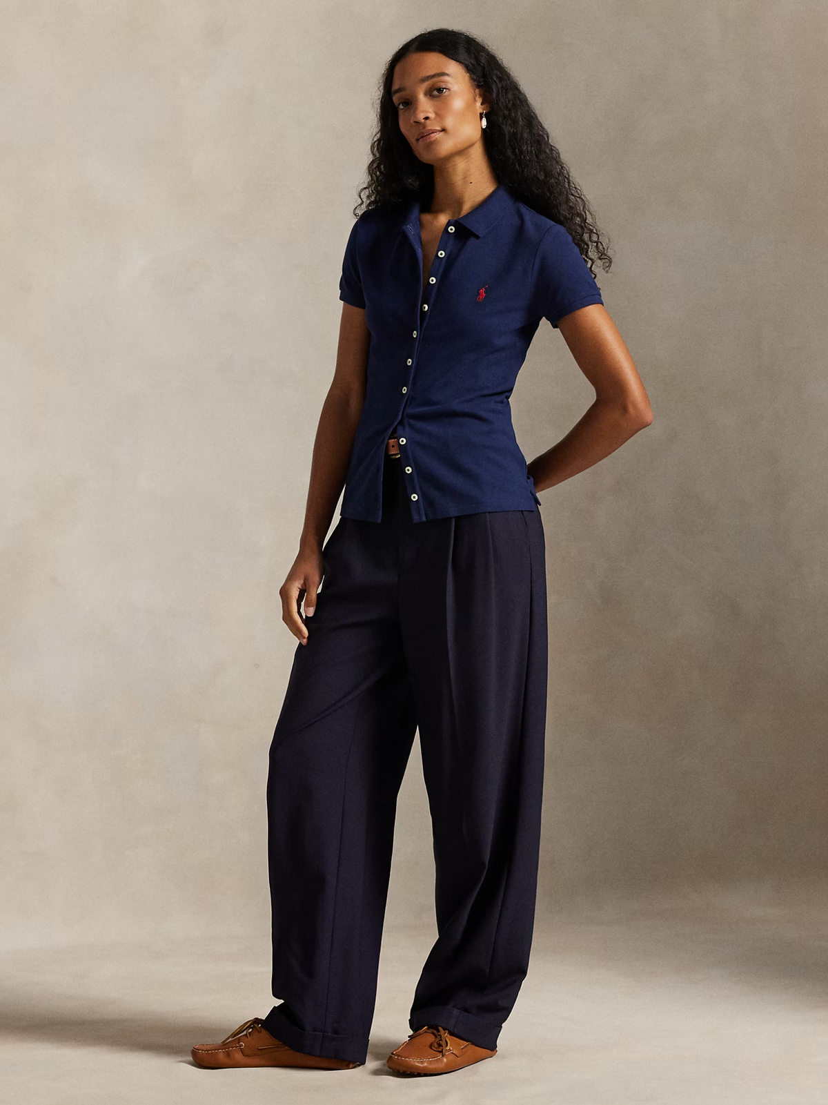 RALPH LAUREN WOMEN Buttoned-Placket Polo Shirt Newport Navy