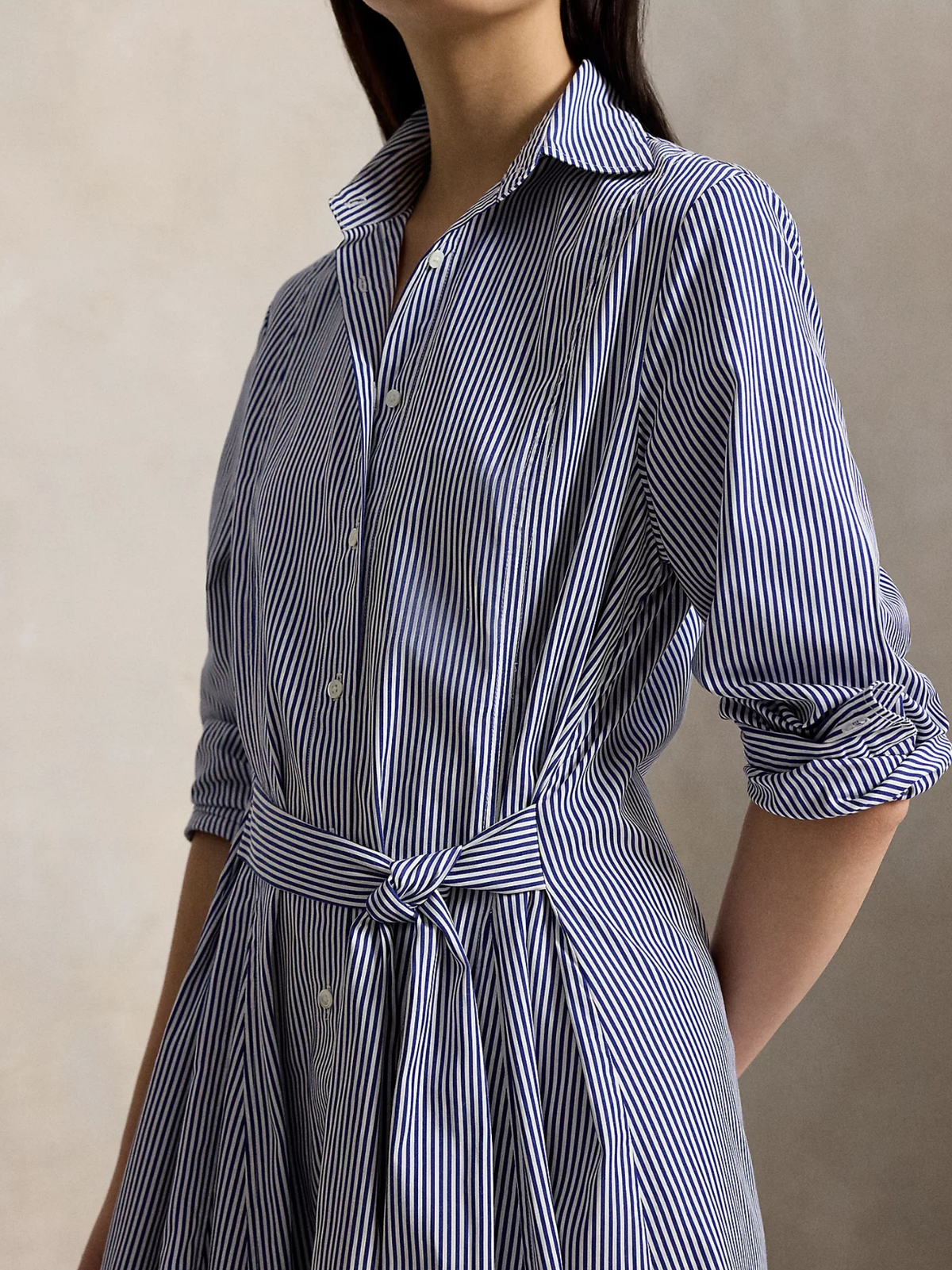RALPH LAUREN WOMEN Striped Cotton Tie-waist Shirtdress White/Fall Royal