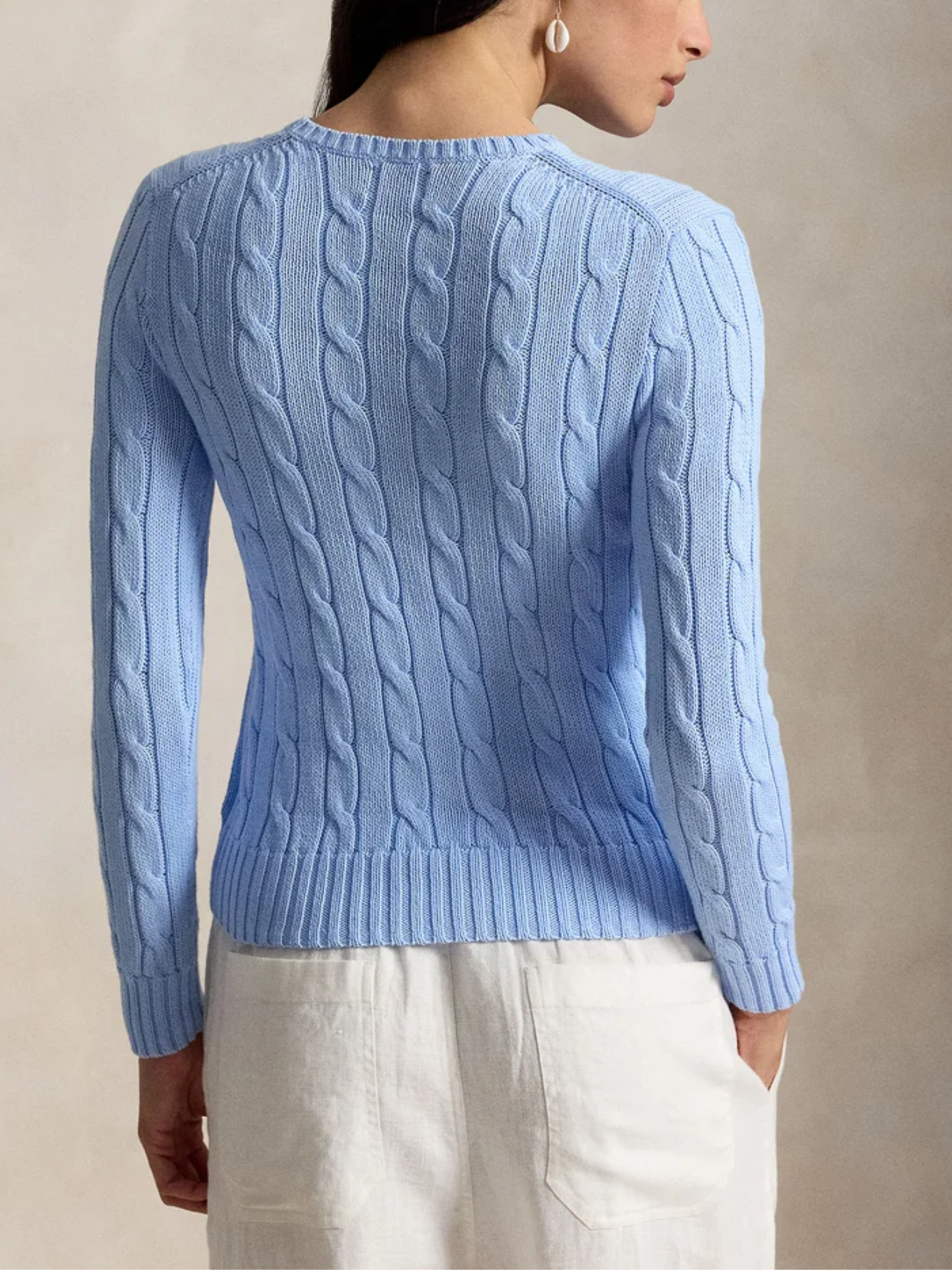 RALPH LAUREN WOMEN Cable-knit Cotton Crewneck Sweater Baby Blue